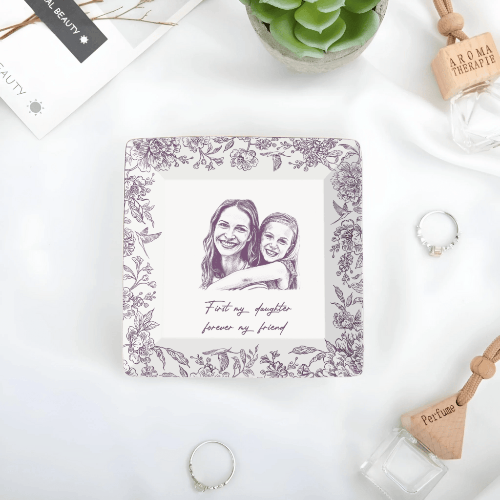 Custom Photo Pencil Sketch – The Love Between Mother & Daughter – Personalized Ceramic Ring Dish, Jewelry Tray with Name & Date, Mother’s Day Gift, Birthday Keepsake, Sentimental Mom Daughter Gift 1111234 - DiyGiftly