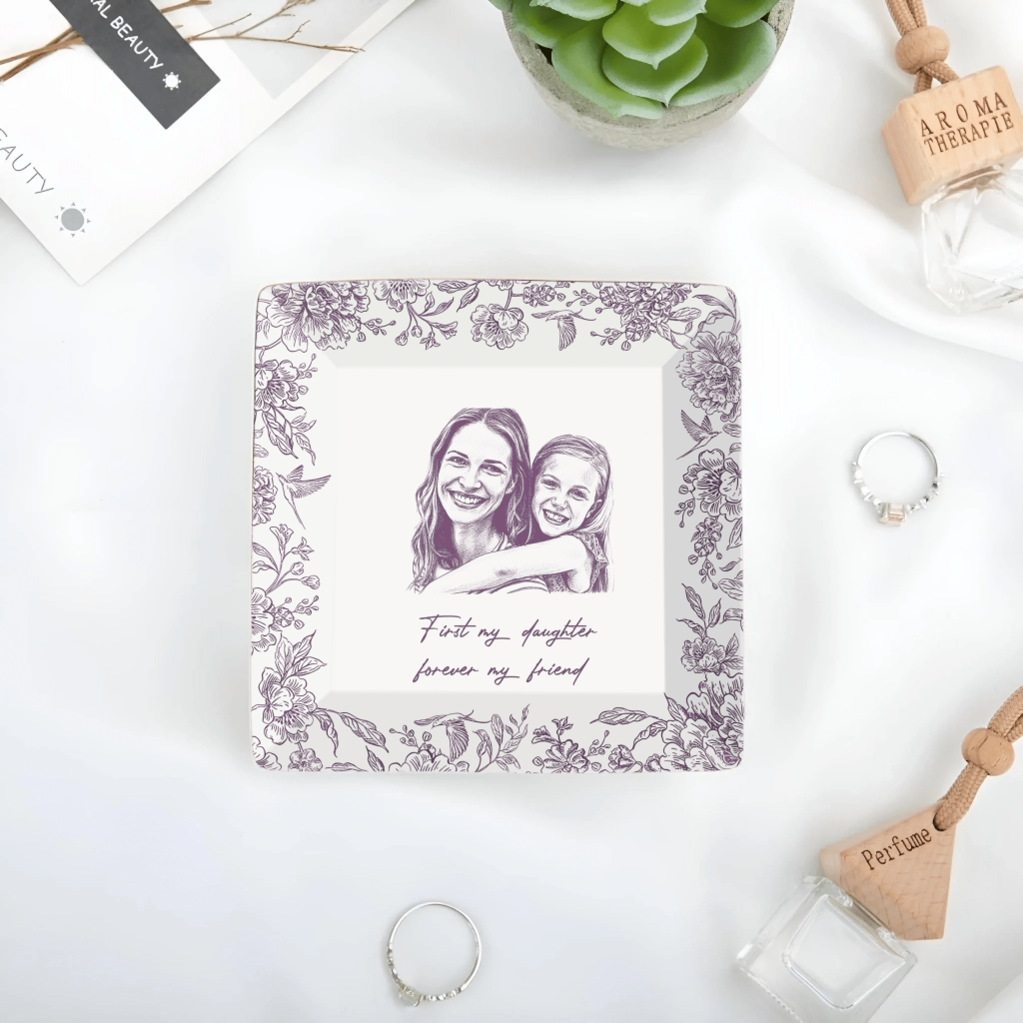 Custom Photo Pencil Sketch – The Love Between Mother & Daughter – Personalized Ceramic Ring Dish, Jewelry Tray with Name & Date, Mother’s Day Gift, Birthday Keepsake, Sentimental Mom Daughter Gift 1111234 - DiyGiftly