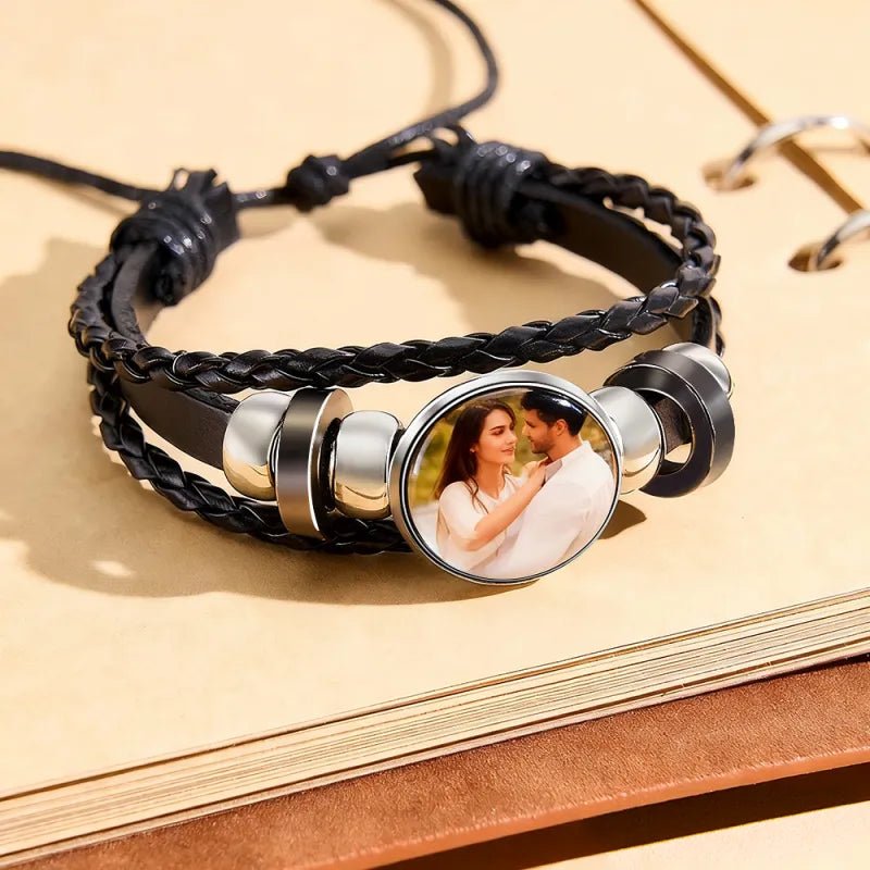 personalized photo bracelet leather wrap style gift for boyfriend