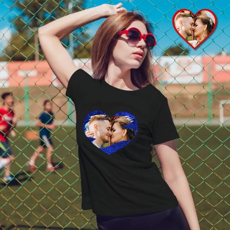 Custom Photo Sequin T-Shirt Personalized Heart - shaped Photo Black T-Shirt Creative Valentine's Day Gift - DiyGiftly