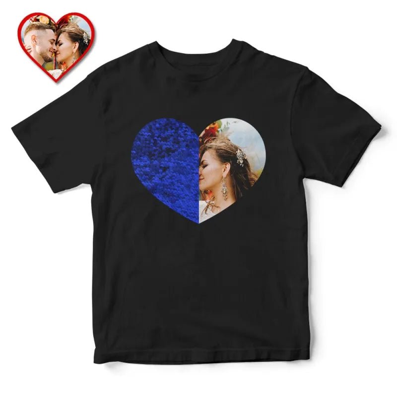 Custom Photo Sequin T-Shirt Personalized Heart - shaped Photo Black T-Shirt Creative Valentine's Day Gift - DiyGiftly