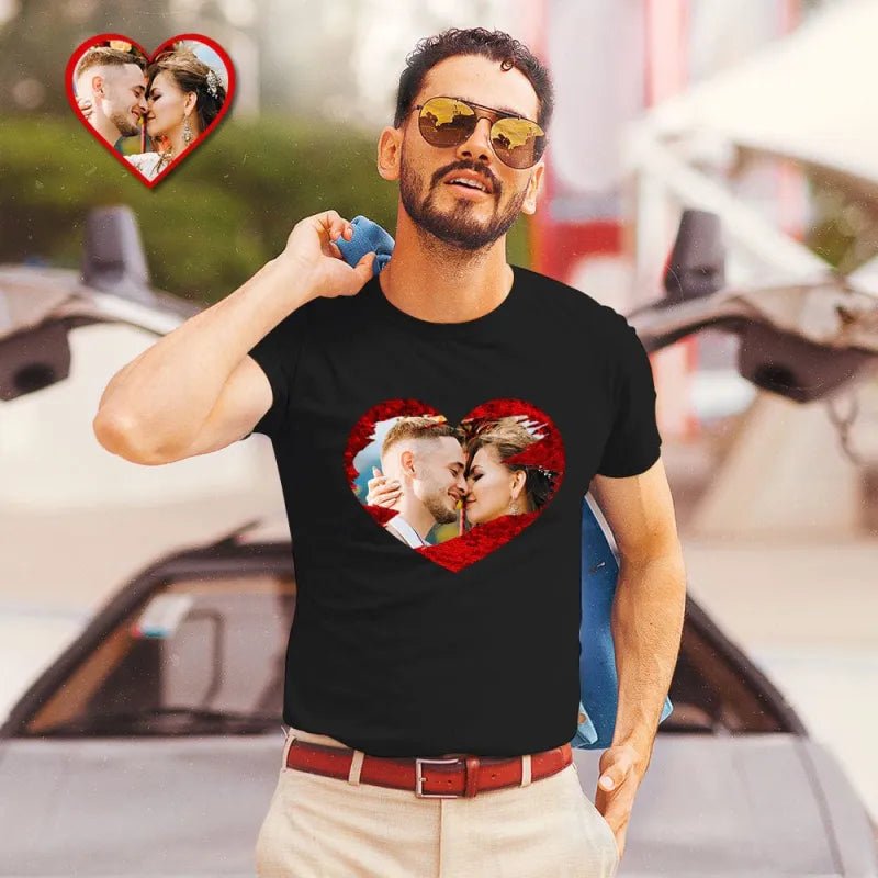 Custom Photo Sequin T-Shirt Personalized Heart - shaped Photo Black T-Shirt Creative Valentine's Day Gift - DiyGiftly