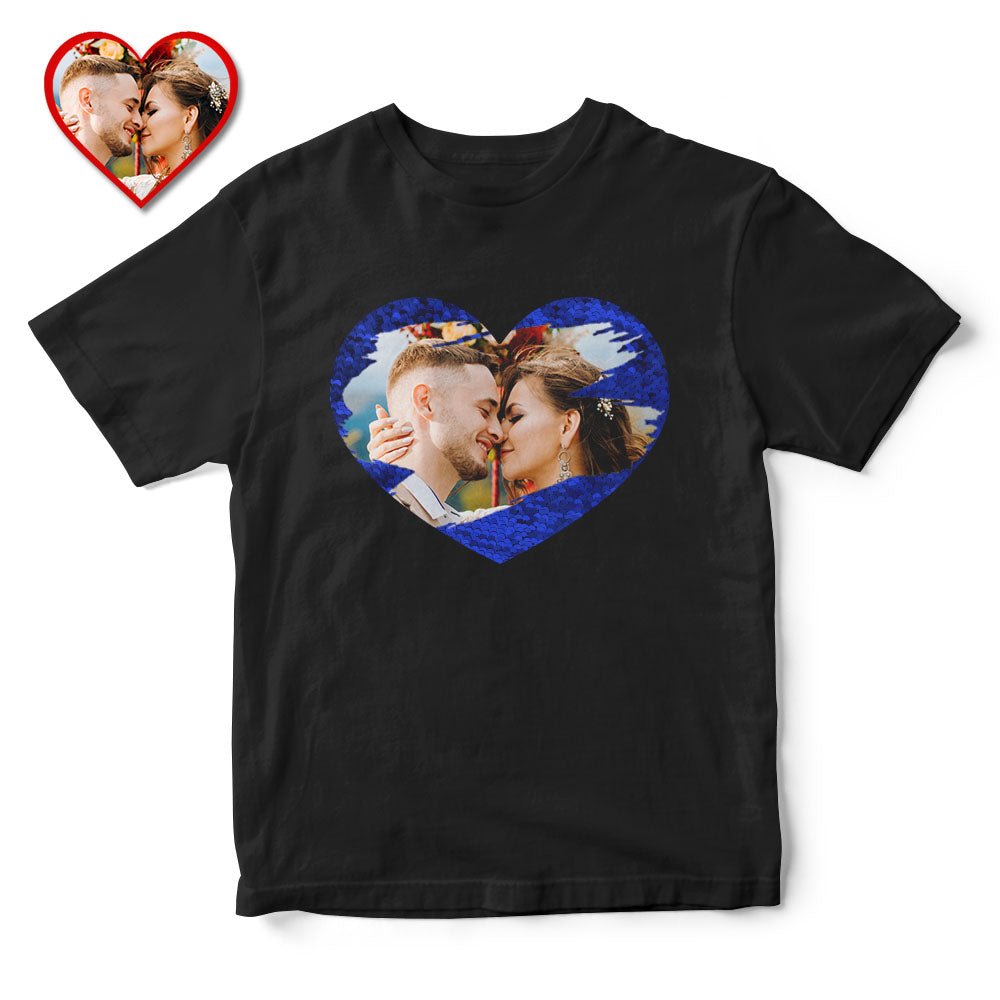 Custom Photo Sequin T-Shirt Personalized Heart - shaped Photo Black T-Shirt Creative Valentine's Day Gift - DiyGiftly