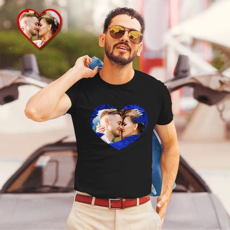 Custom Photo Sequin T-Shirt Personalized Heart - shaped Photo Black T-Shirt Creative Valentine's Day Gift - DiyGiftly