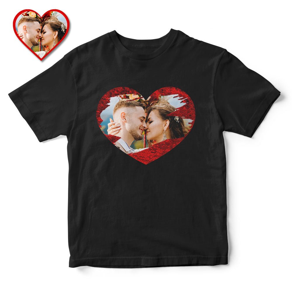Custom Photo Sequin T-Shirt Personalized Heart - shaped Photo Black T-Shirt Creative Valentine's Day Gift - DiyGiftly