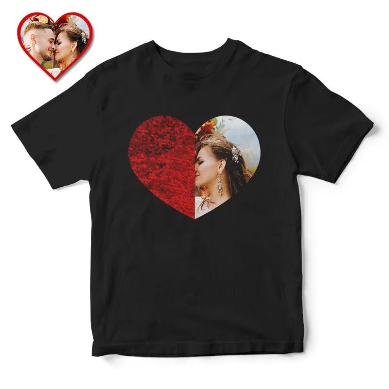 Custom Photo Sequin T-Shirt Personalized Heart - shaped Photo Black T-Shirt Creative Valentine's Day Gift - DiyGiftly