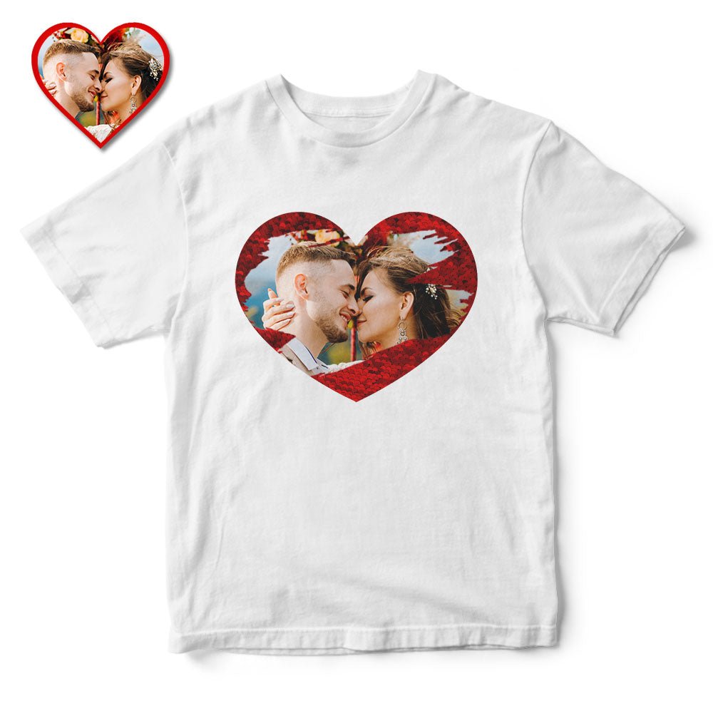 Custom Photo Sequin T-Shirt Personalized Heart - shaped Photo White T-Shirt Creative Valentine's Day Gift - DiyGiftly