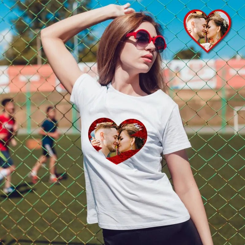 Custom Photo Sequin T-Shirt Personalized Heart - shaped Photo White T-Shirt Creative Valentine's Day Gift - DiyGiftly