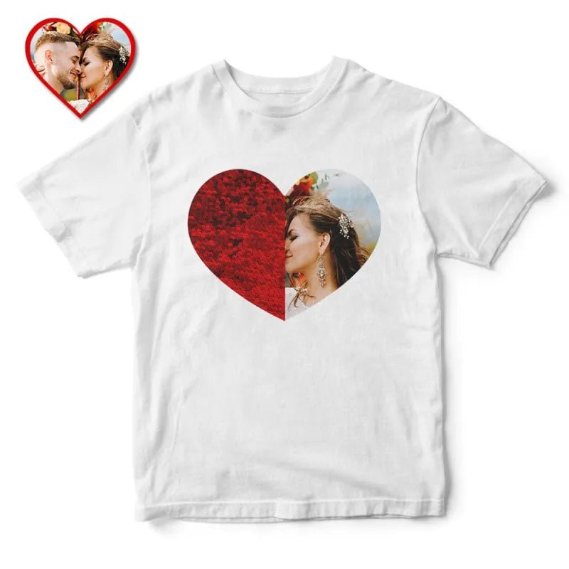 Custom Photo Sequin T-Shirt Personalized Heart - shaped Photo White T-Shirt Creative Valentine's Day Gift - DiyGiftly