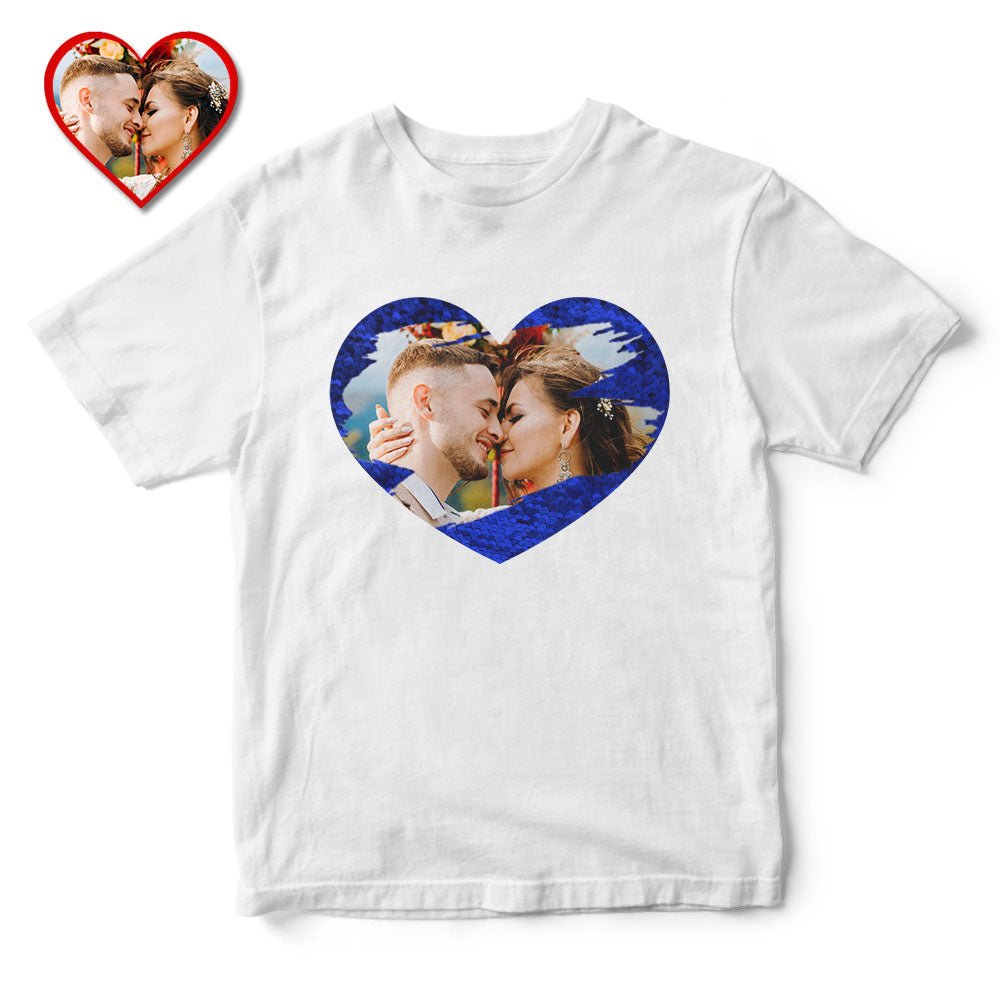 Custom Photo Sequin T-Shirt Personalized Heart - shaped Photo White T-Shirt Creative Valentine's Day Gift - DiyGiftly