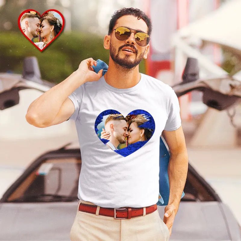 Custom Photo Sequin T-Shirt Personalized Heart - shaped Photo White T-Shirt Creative Valentine's Day Gift - DiyGiftly