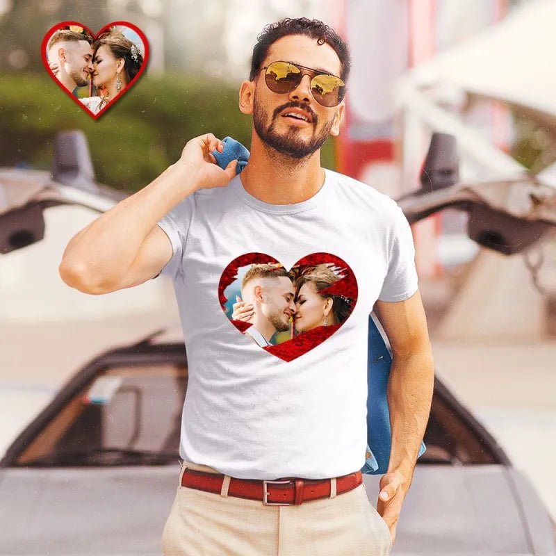 Custom Photo Sequin T-Shirt Personalized Heart - shaped Photo White T-Shirt Creative Valentine's Day Gift - DiyGiftly