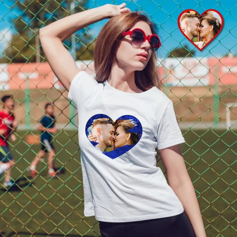 Custom Photo Sequin T-Shirt Personalized Heart - shaped Photo White T-Shirt Creative Valentine's Day Gift - DiyGiftly