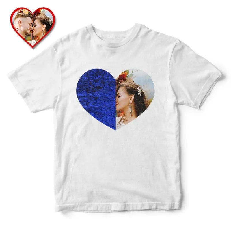Custom Photo Sequin T-Shirt Personalized Heart - shaped Photo White T-Shirt Creative Valentine's Day Gift - DiyGiftly