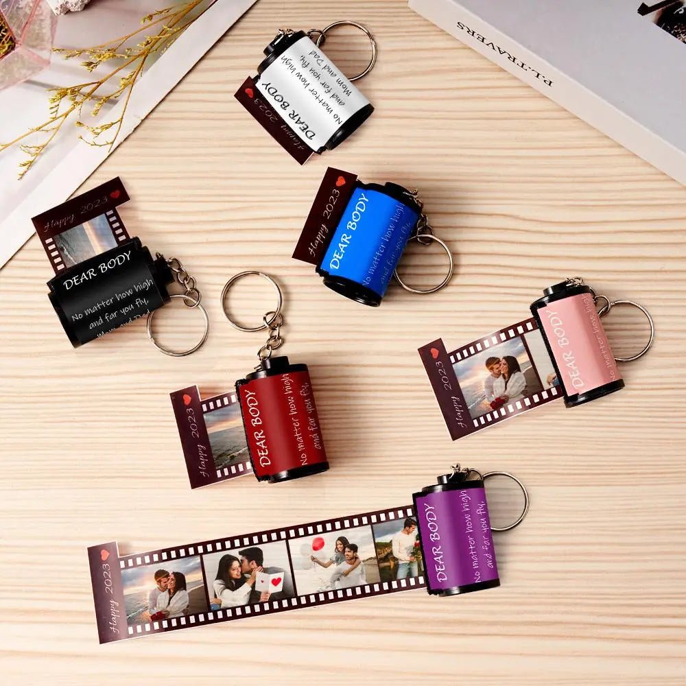 Custom Photo & Text Colorful Roll Film Keychain Camera Keychain with Wood Box Meaningful Gifts For Couples - DiyGiftly