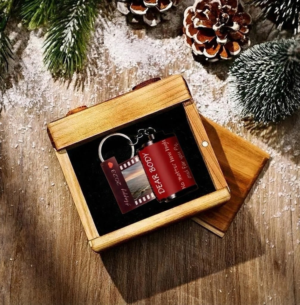 Custom Photo & Text Colorful Roll Film Keychain Camera Keychain with Wood Box Meaningful Gifts For Couples - DiyGiftly