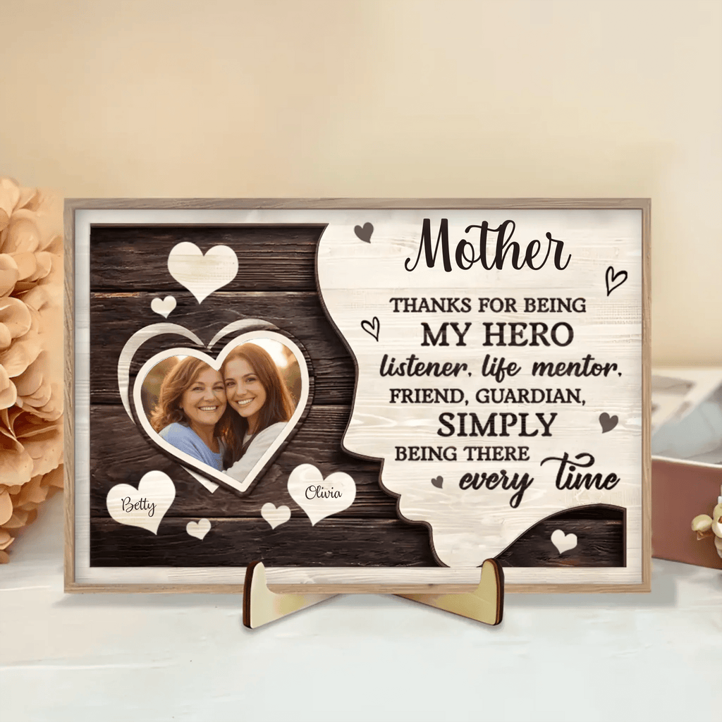 Custom Photo Thanks For Being My Guardian – Personalized Family 2 - Layered Wooden Plaque with Stand – A Meaningful Housewarming Gift for Mom, Honoring the Guardian Angel in Your Life 1121008 - DiyGiftly