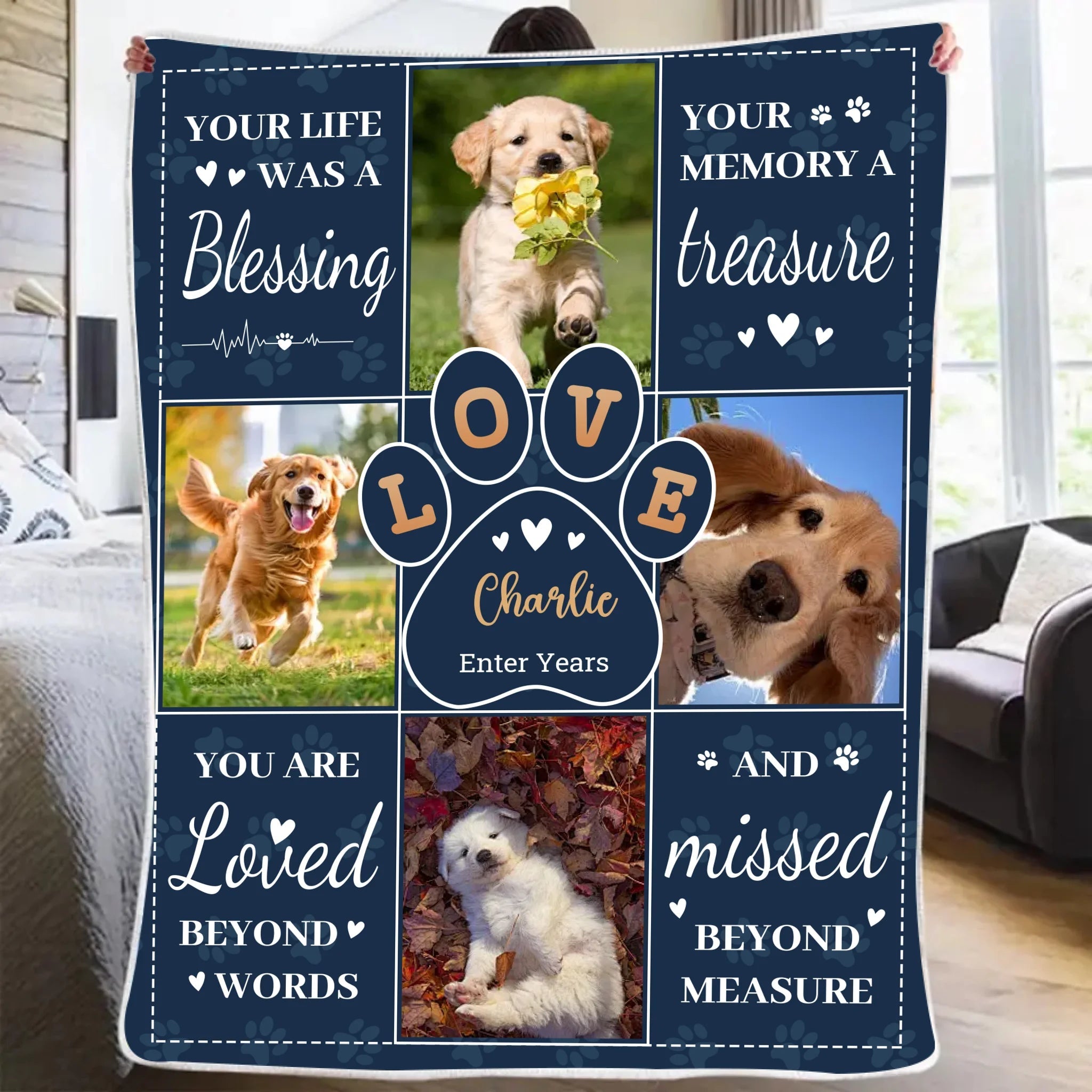 Blanket Flannel Personalized Pet Portrait Blanket Sympathy Gift for Loss of Dog