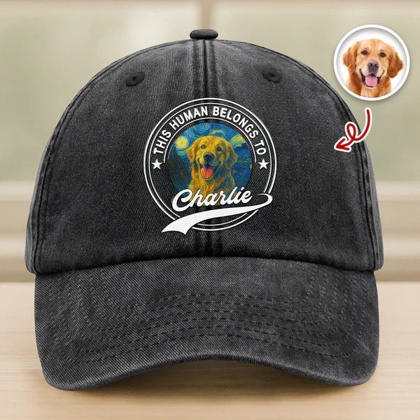 Custom Photo “This Human Belongs To Dog” Baseball Cap – Personalized Washed Denim Hat, Dog Lover Gift, Pet Portrait Cap, Unique Custom Dog Dad/Mom Hat 86058496 - DiyGiftly