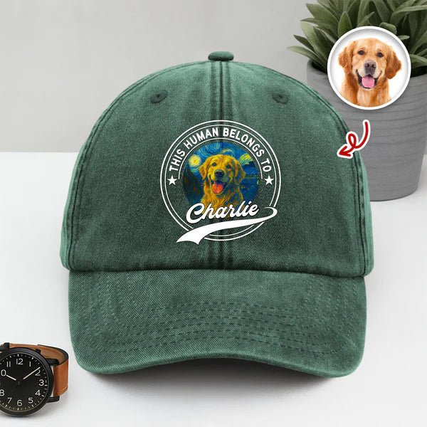 Custom Photo “This Human Belongs To Dog” Baseball Cap – Personalized Washed Denim Hat, Dog Lover Gift, Pet Portrait Cap, Unique Custom Dog Dad/Mom Hat 86058496 - DiyGiftly