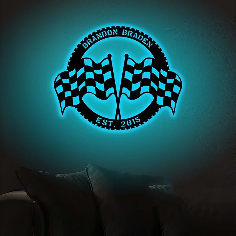 Custom Racing Flag Metal Sign with LED Light – Personalized Motorsports Wall Art, Checkered Flag Garage Decor, Unique Racer Gift for Car Lovers 93177600 - DiyGiftly