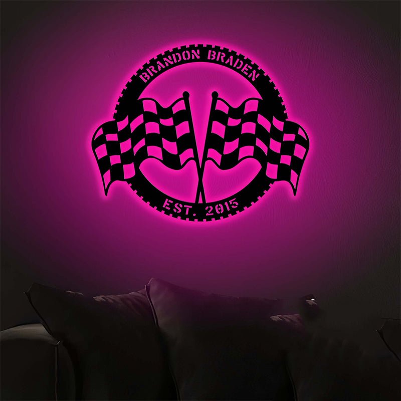 Custom Racing Flag Metal Sign with LED Light – Personalized Motorsports Wall Art, Checkered Flag Garage Decor, Unique Racer Gift for Car Lovers 93177600 - DiyGiftly