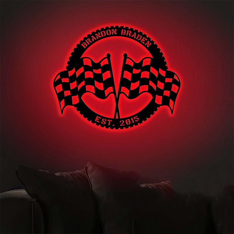 Custom Racing Flag Metal Sign with LED Light – Personalized Motorsports Wall Art, Checkered Flag Garage Decor, Unique Racer Gift for Car Lovers 93177600 - DiyGiftly