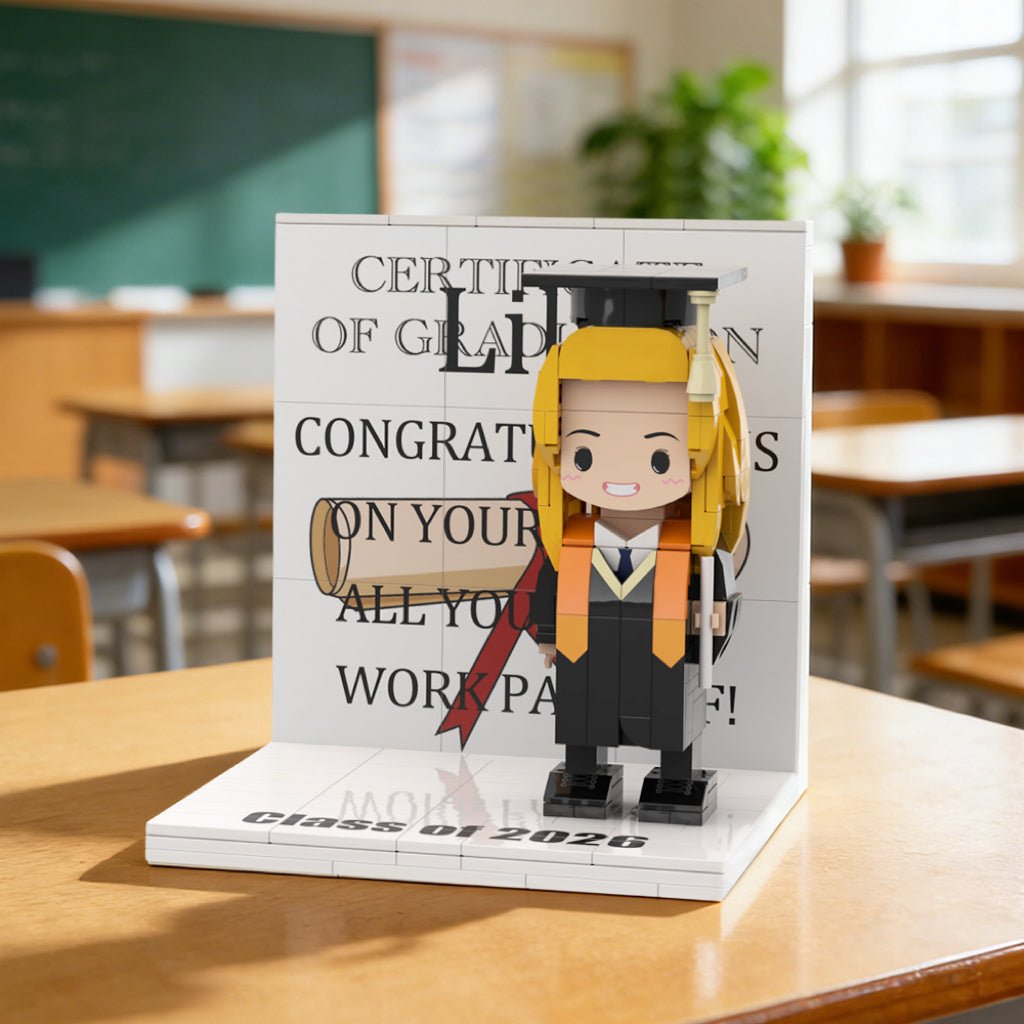 Custom Text Cute Brick Figure Full Body Customizable 1 Person Display Panel Graduation Gift - DiyGiftly