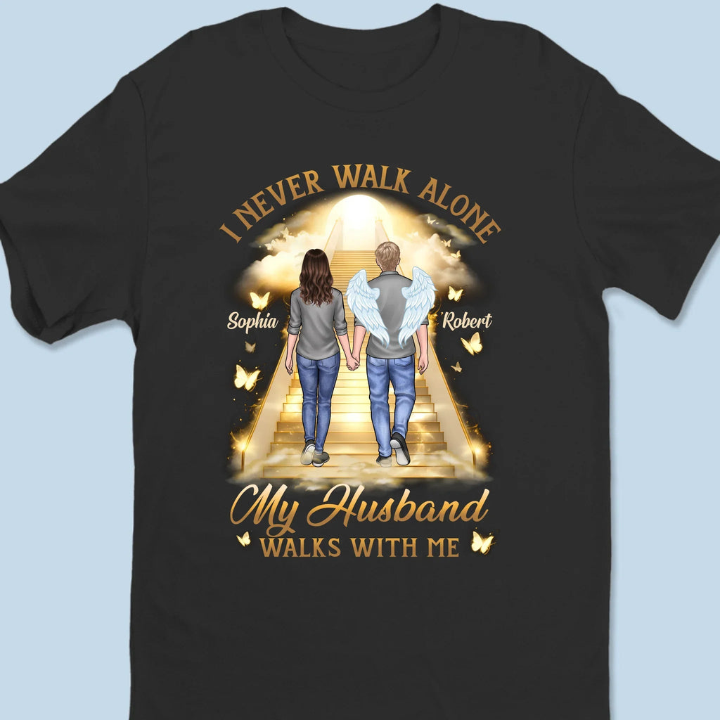 Custom Unisex T-shirt - Personalized Memorial Sympathy Gift - His Wings Guide My Steps Shirt - Remembrance T-Shirt for Loss of Husband or Wife - Bereavement Apparel, Custom Name Tribute Tee 31011840 - DiyGiftly