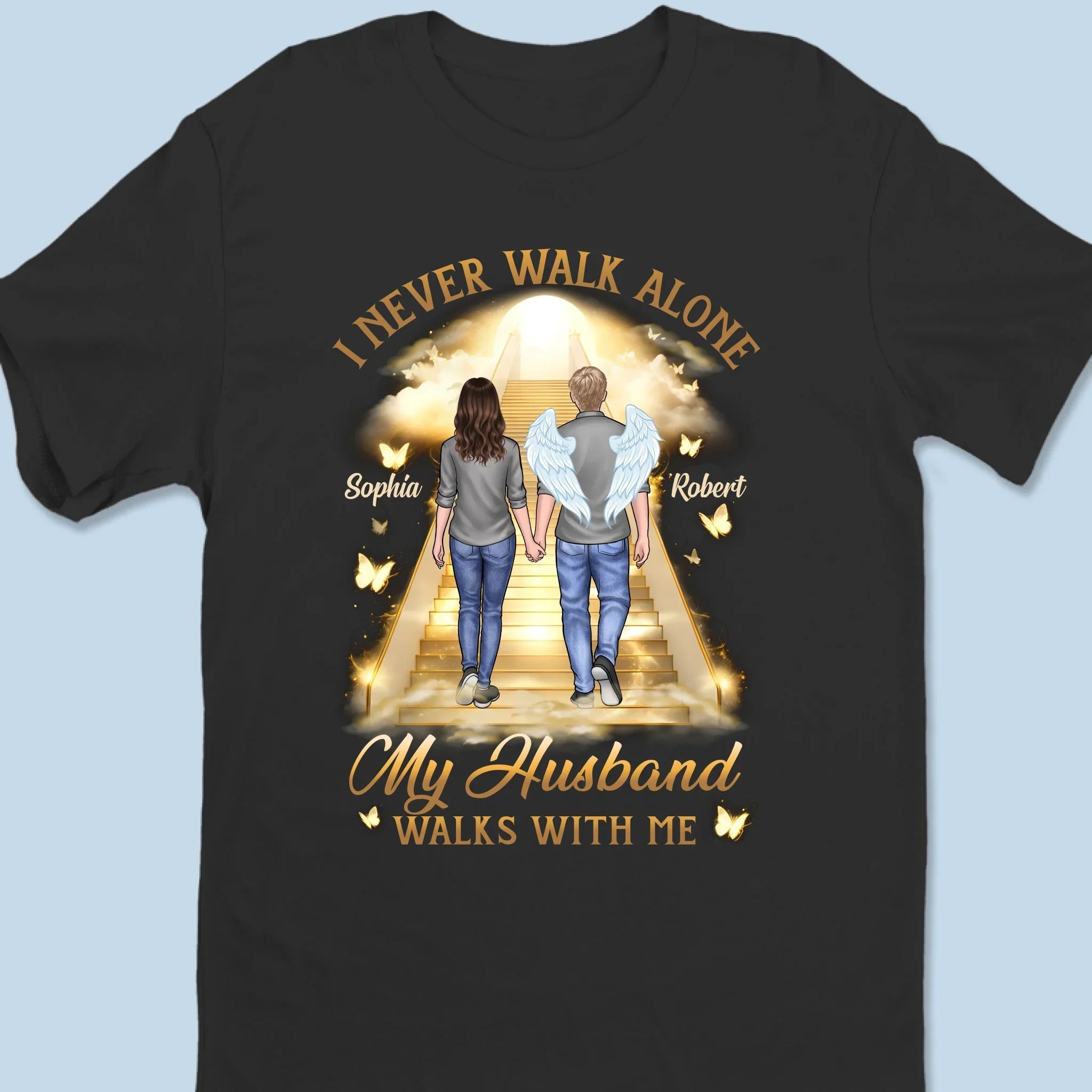 Custom Unisex T-shirt - Personalized Memorial Sympathy Gift - His Wings Guide My Steps Shirt - Remembrance T-Shirt for Loss of Husband or Wife - Bereavement Apparel, Custom Name Tribute Tee 31011840 - DiyGiftly