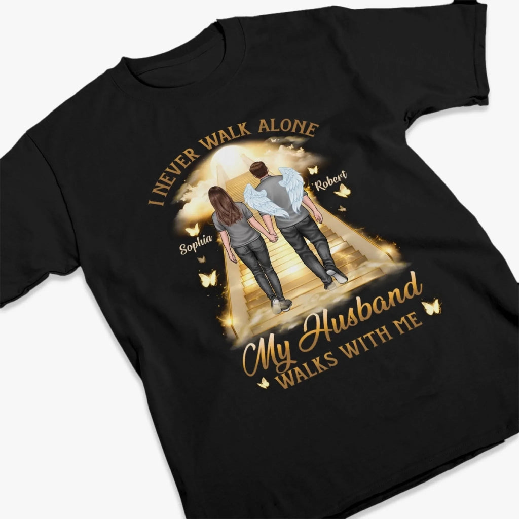 Custom Unisex T-shirt - Personalized Memorial Sympathy Gift - His Wings Guide My Steps Shirt - Remembrance T-Shirt for Loss of Husband or Wife - Bereavement Apparel, Custom Name Tribute Tee 31011840 - DiyGiftly