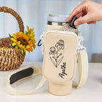 Personalized Birth Flower Waterproof Bottle Carrier Bag for 40oz Stanley Tumbler Gift for Her