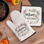 Personalized Flower Insulation Oven Mitt and Pot Holder Set with Text Kitchen Decor Gift for Mom
