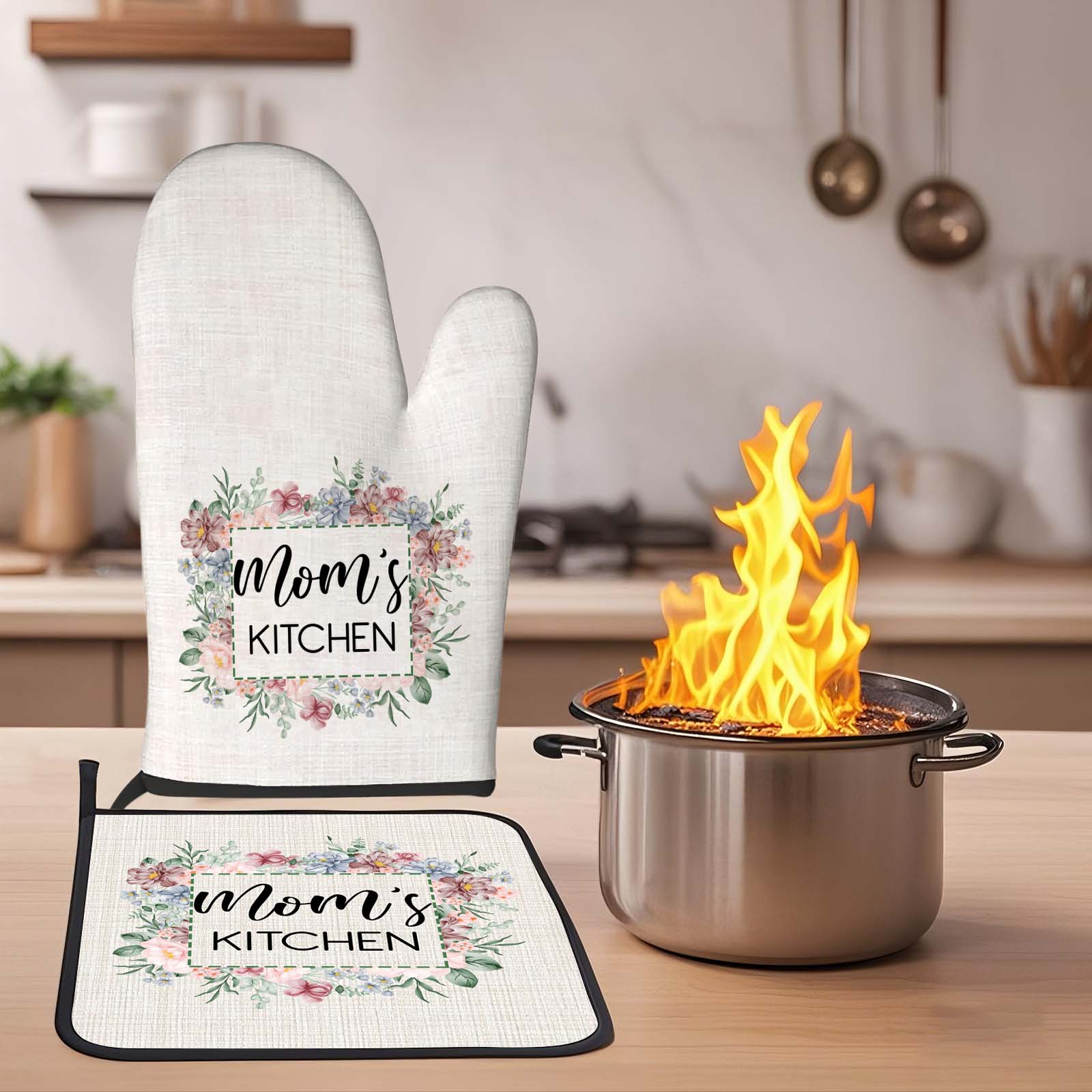 Personalized Flower Insulation Oven Mitt and Pot Holder Set with Text Kitchen Decor Gift for Mom