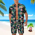 Custom Face Hawaiian Shirt And Beach Shorts Set Personalized Men's Photo Flamingo Flower Set Vacation Party Gift