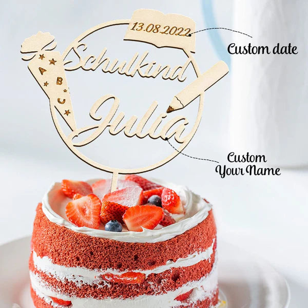 Custom Name Cake Topper Personalized Wooden School Cone Cake Decoration