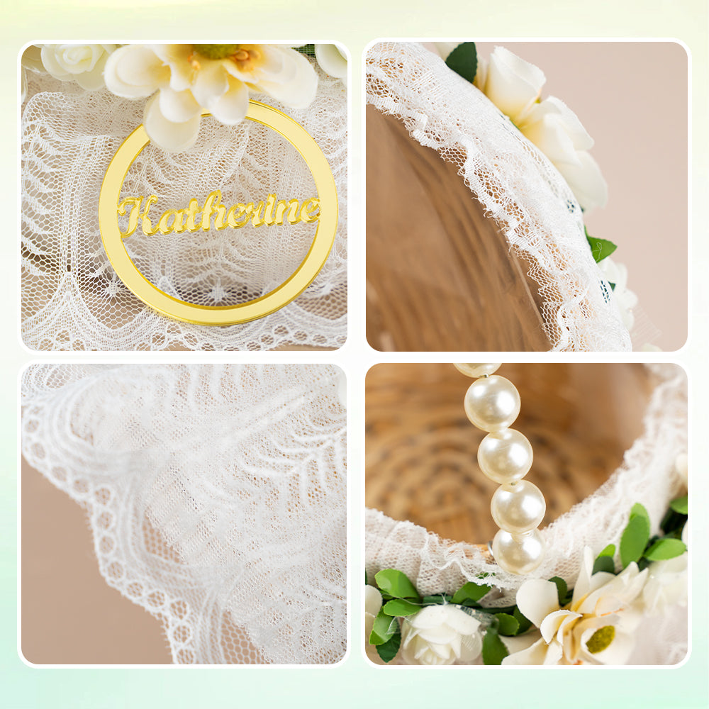 Personalized Handmade Flowers Wreath Rattan Flower Girl Basket with Name and Pearl Handle Wedding Ceremony Gift
