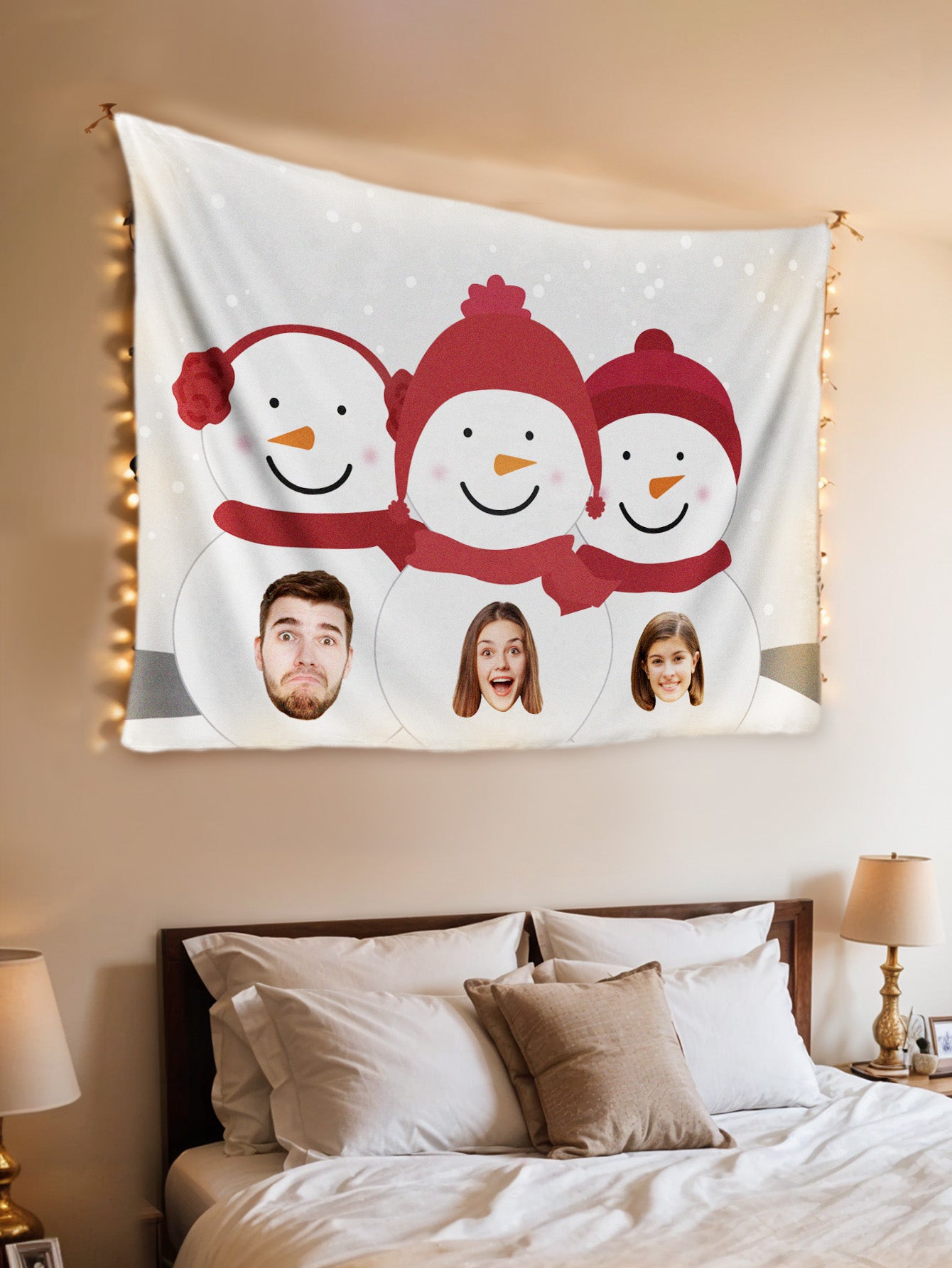 Custom Photo Tapestry – Personalized Faces Snowman Wall Hanging Blanket for Home Decor Christmas Gift