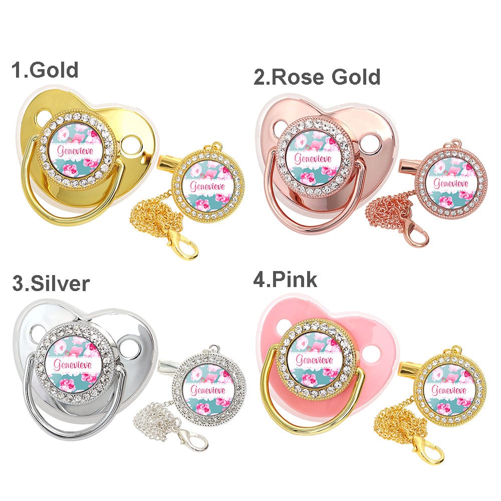 Custom Name Baby Pacifier & Clip Set with Flower – Personalized Newborn Gift