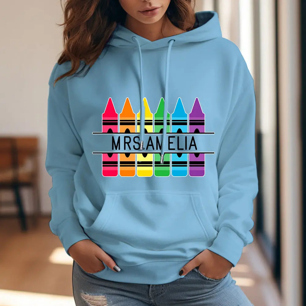 Personalized Crayon Hooded Sweatshirt Teacher Custom Name Hooded Sweatshirt Back to School Gifts