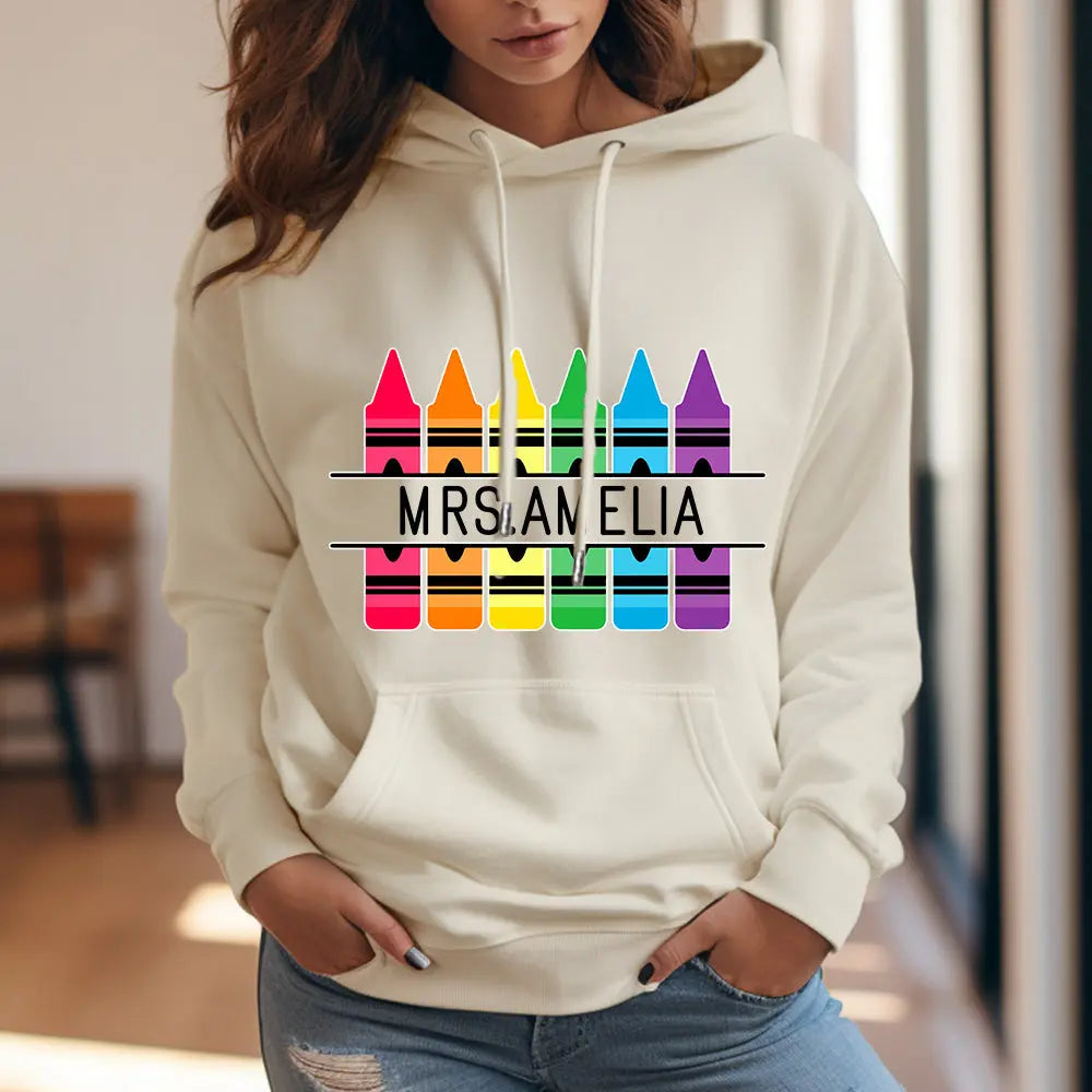 Personalized Crayon Hooded Sweatshirt Teacher Custom Name Hooded Sweatshirt Back to School Gifts