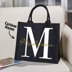 Personalized Black Canvas Bag with Name and Initial Birthday Wedding Party Gift for Women