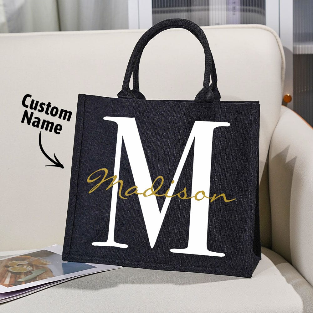 Personalized Black Canvas Bag with Name and Initial Birthday Wedding Party Gift for Women