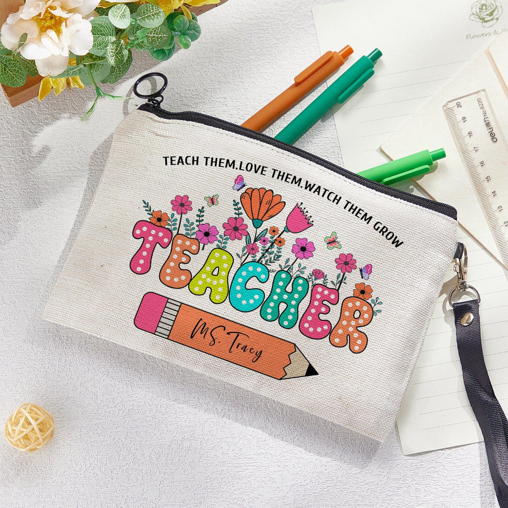 Personalized Flower Pencil Canvas Makeup Bag with Name Appreciation Back to School Gift for Teacher