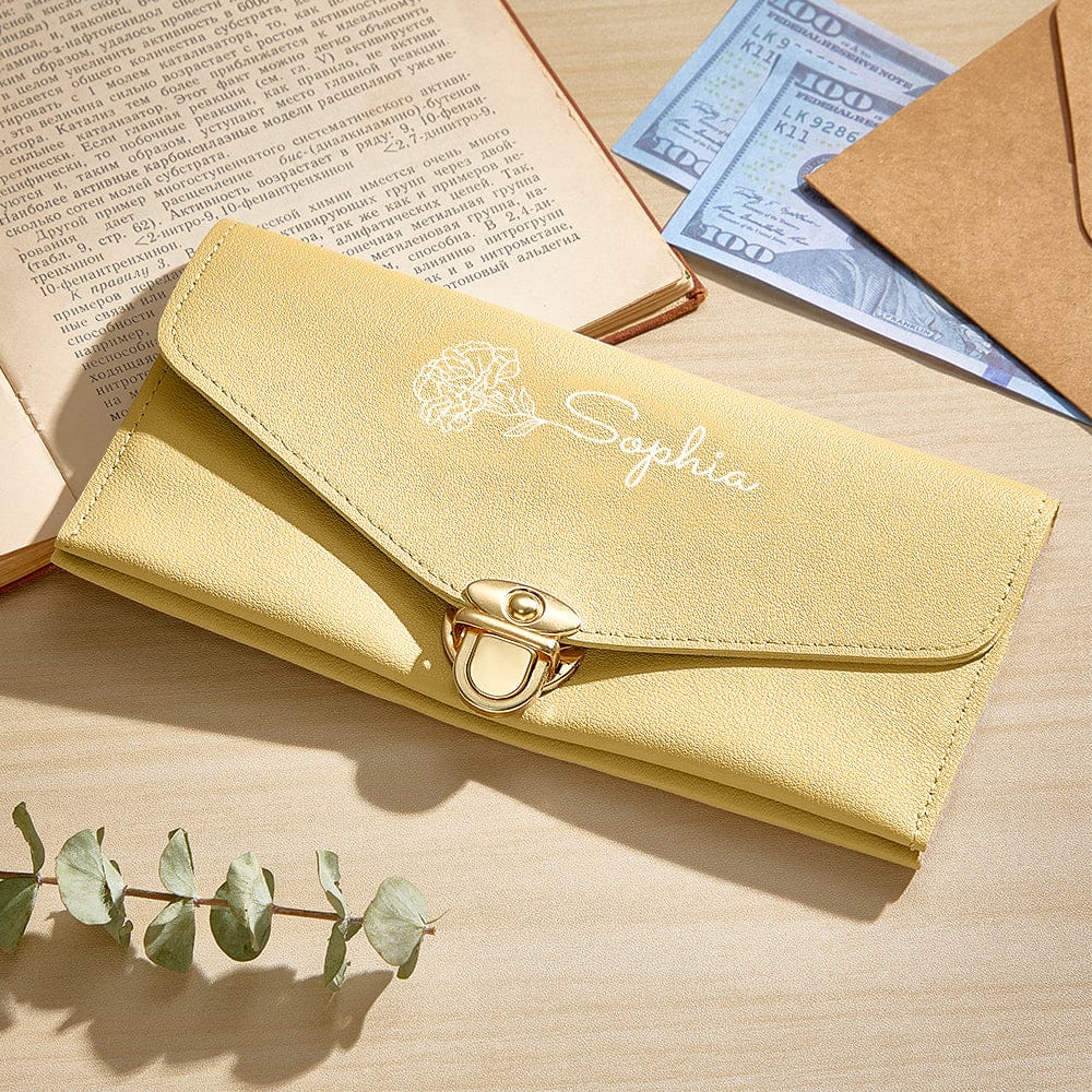 Personalized PU Leather Wallet Custom Birth Flower Wallet with Name Birthday Gift for Her