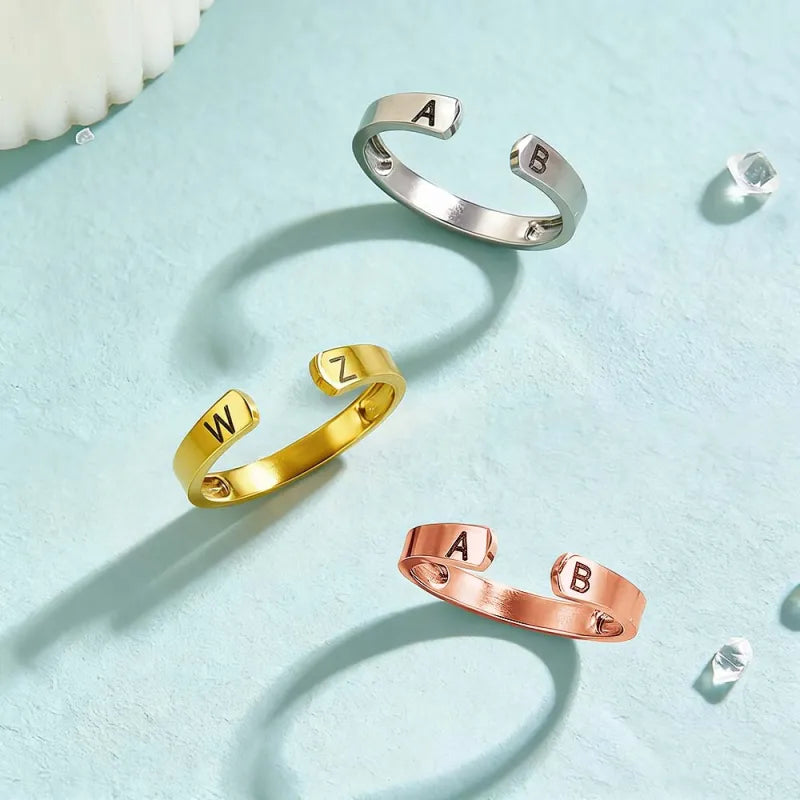 Custom Initial Couple Adjustable Ring Personalized Letter Ring Minimalist Open Design Two Letter Partner Rings