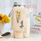 Personalized Birth Flower Waterproof Bottle Carrier Bag with Removable Pouch for 40oz Stanley Tumbler Gift for Women