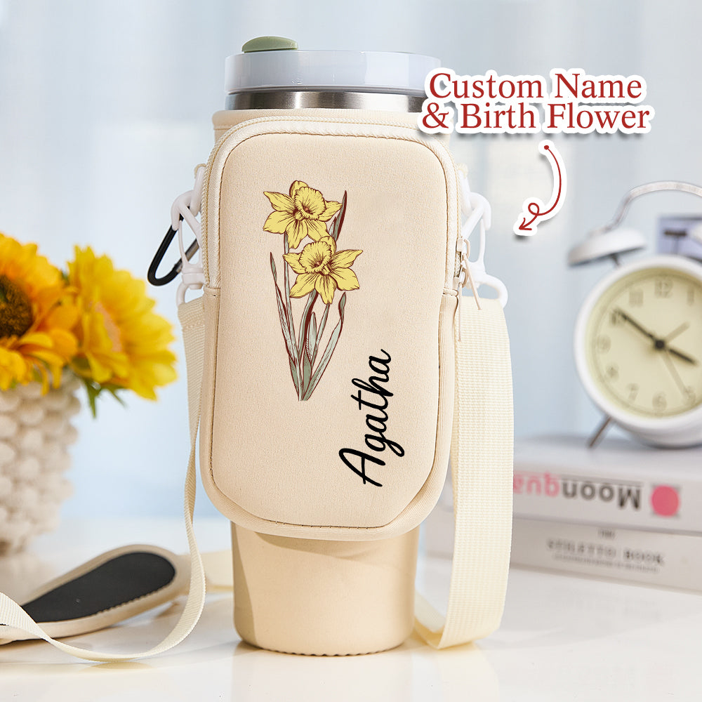 Personalized Birth Flower Waterproof Bottle Carrier Bag with Removable Pouch for 40oz Stanley Tumbler Gift for Women
