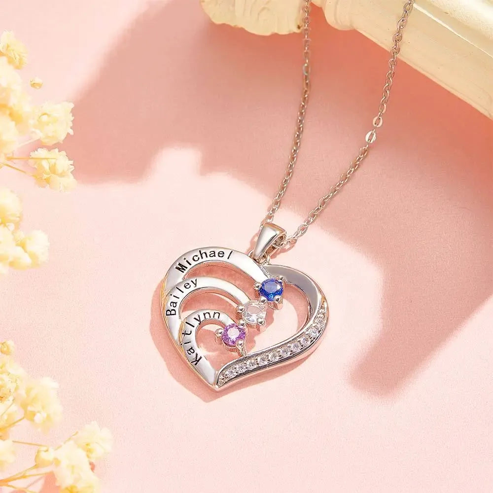 Personalized Heart Necklace Custom Family Name Birthstone Necklace Gift for Mother Grandma