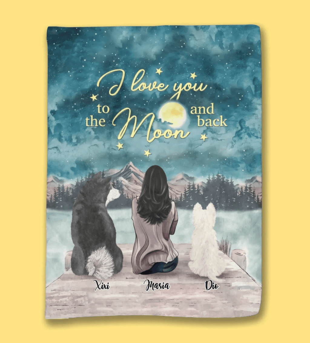 Dog Lover Gifts - Girl and Dogs - I love you to the moon and back (Custom Blankets) - Personalized Blanket 722866 - DiyGiftly